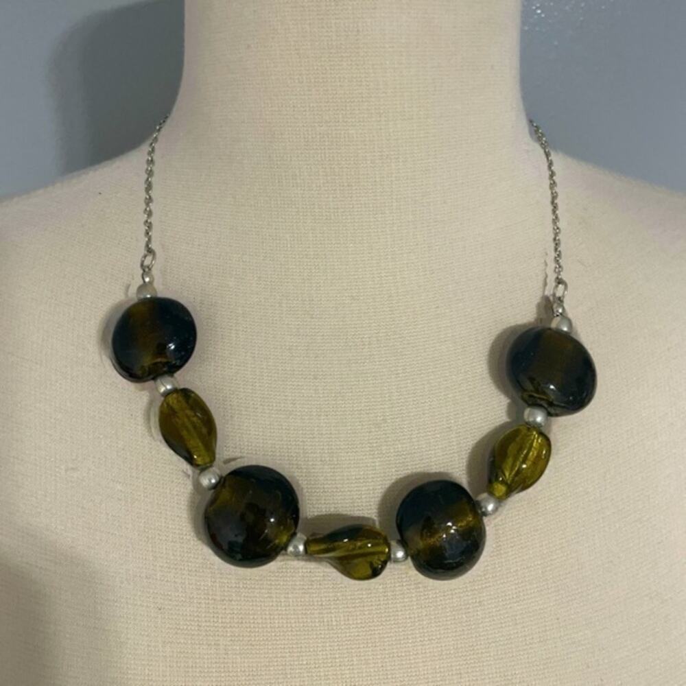 Vintage Chunky Beaded Necklace green silver beads